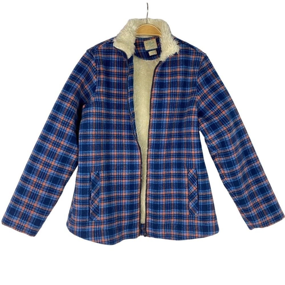 Ellen Orton Wool Blend Flannel Shacket Women M Blue Plaid Thick Sherpa Faux Fur